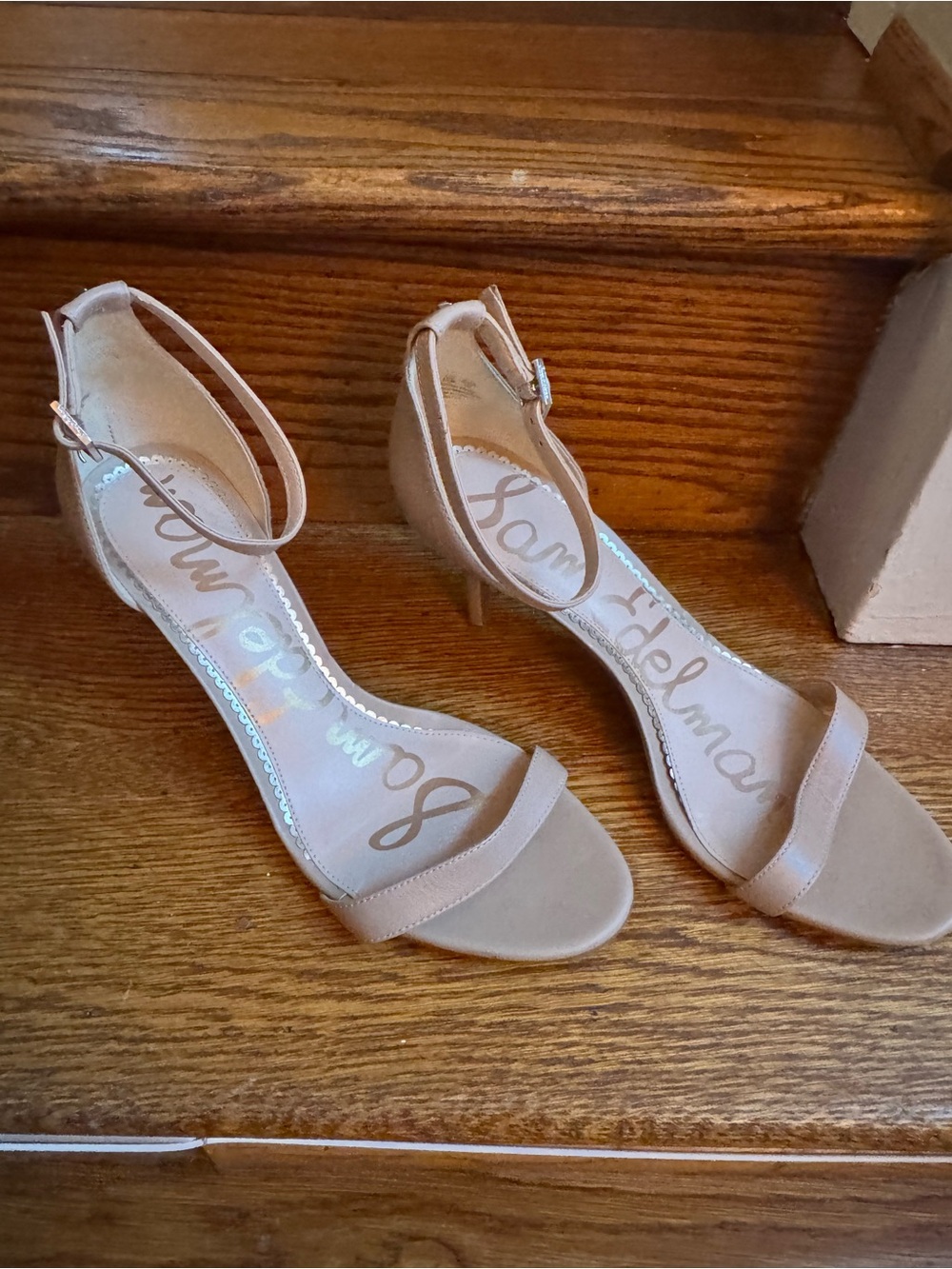 Sam Edelman Beige Nude Ankle-Strap Mid Heel Sandals